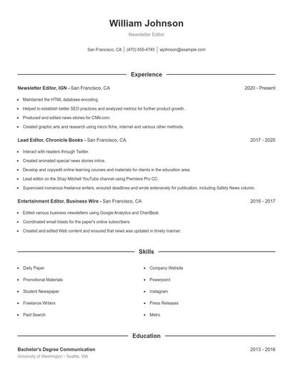 Newsletter Editor Resume