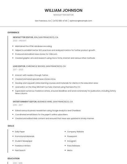 Newsletter Editor Resume