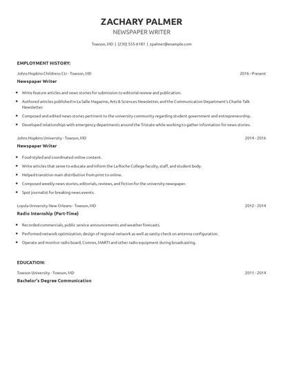 Newspaper Writer Resume