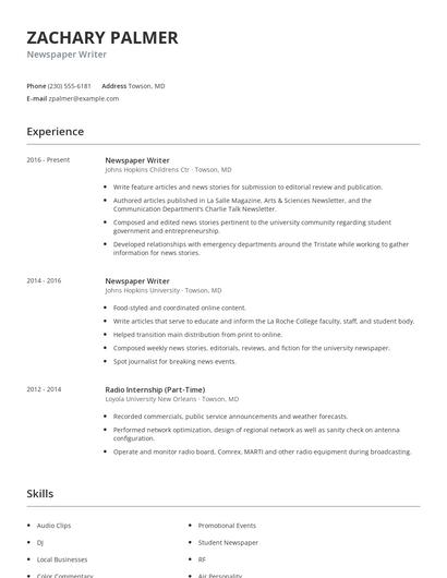 Newspaper Writer Resume