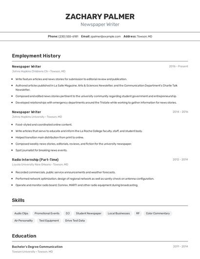 Newspaper Writer Resume