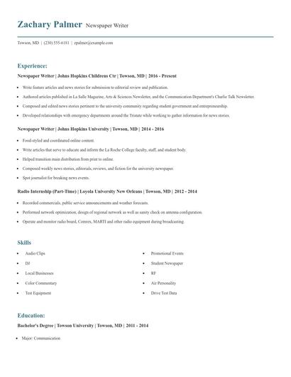 Newspaper Writer Resume