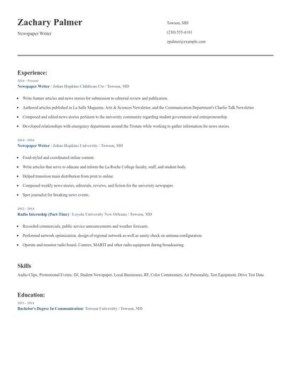 Newspaper Writer Resume