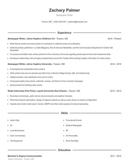 Newspaper Writer Resume