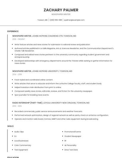 Newspaper Writer Resume