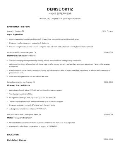 Night Supervisor Resume