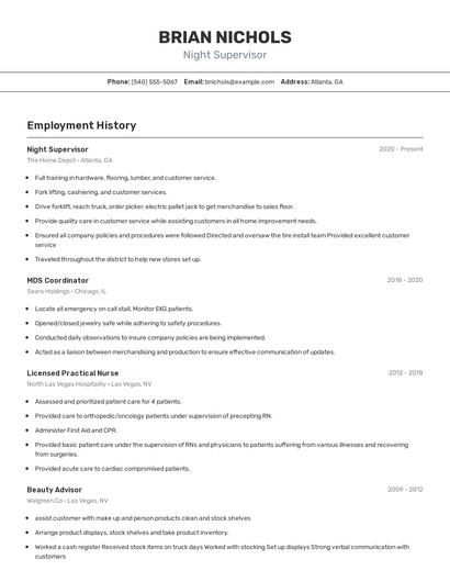Night Supervisor Resume