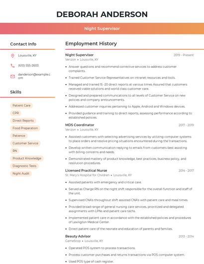 Night Supervisor Resume