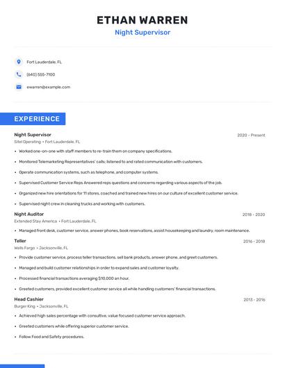 Night Supervisor Resume