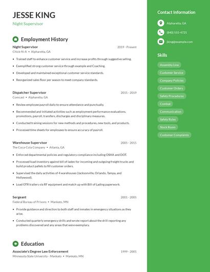 Night Supervisor Resume