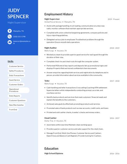 Night Supervisor Resume