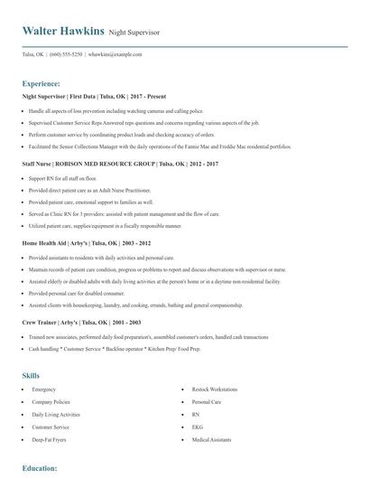 Night Supervisor Resume
