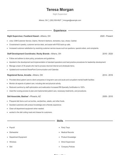 Night Supervisor Resume