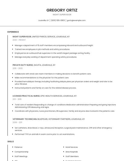 Night Supervisor Resume