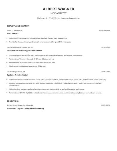 NOC Analyst Resume