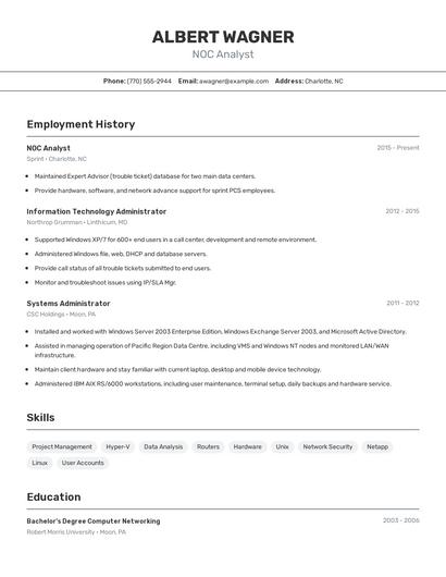 NOC Analyst Resume