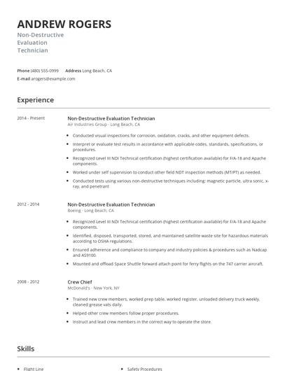 Non-Destructive Evaluation Technician Resume
