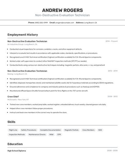 Non-Destructive Evaluation Technician Resume