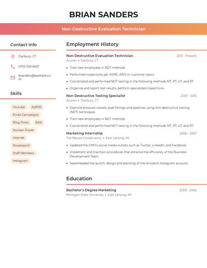Non-Destructive Evaluation Technician Resume