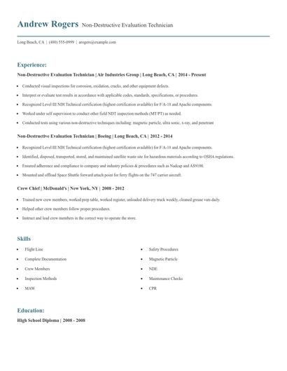 Non-Destructive Evaluation Technician Resume