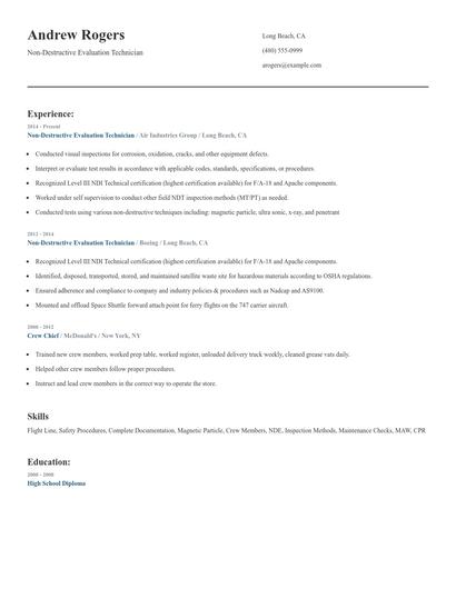 Non-Destructive Evaluation Technician Resume