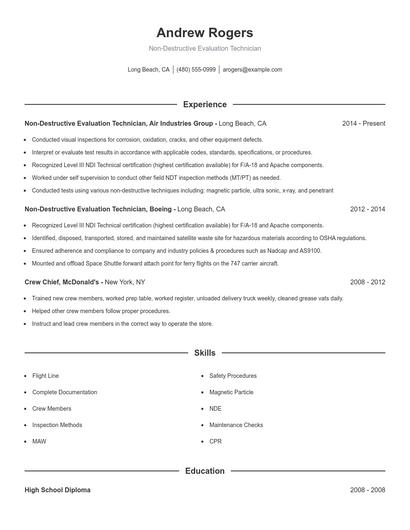 Non-Destructive Evaluation Technician Resume