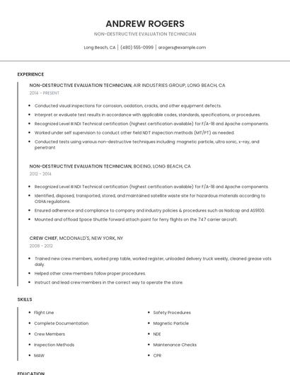 Non-Destructive Evaluation Technician Resume