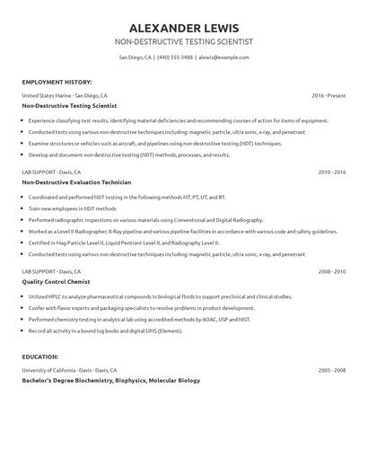 Non-Destructive Testing Scientist Resume