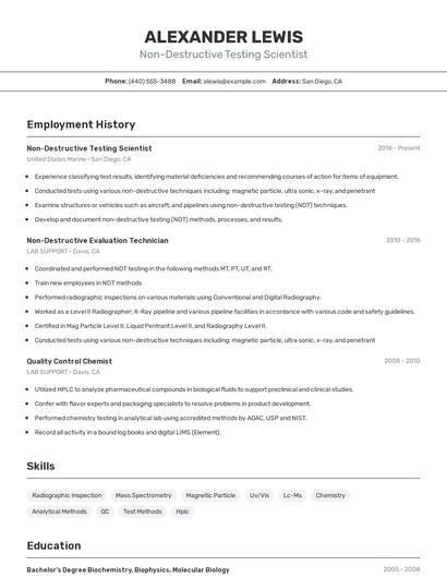 Non-Destructive Testing Scientist Resume