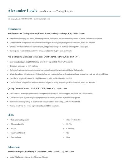 Non-Destructive Testing Scientist Resume