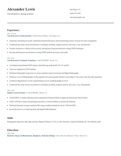 Non-Destructive Testing Scientist Resume