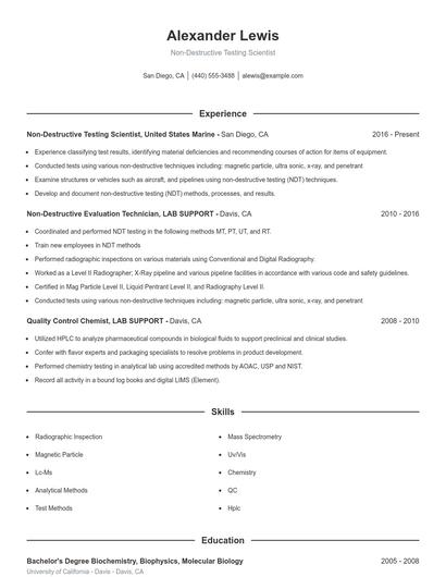 Non-Destructive Testing Scientist Resume
