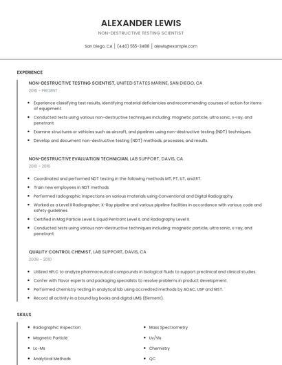 Non-Destructive Testing Scientist Resume