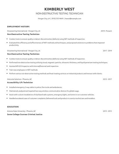 Non-Destructive Testing Technician Resume