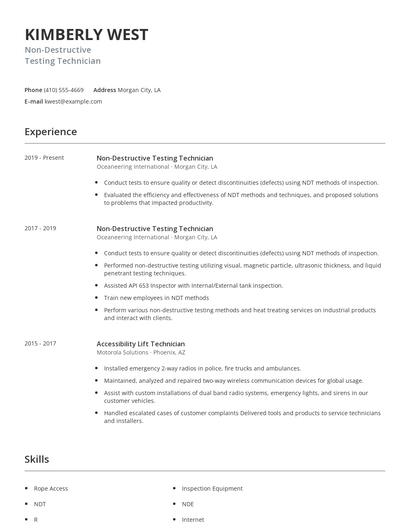 Non-Destructive Testing Technician Resume