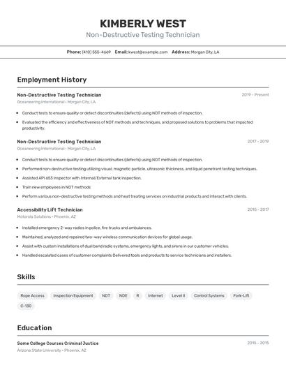 Non-Destructive Testing Technician Resume