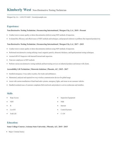 Non-Destructive Testing Technician Resume