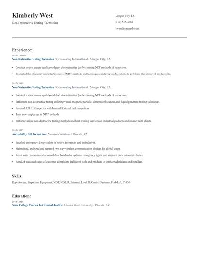 Non-Destructive Testing Technician Resume