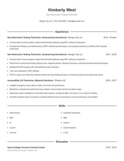 Non-Destructive Testing Technician Resume