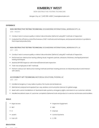 Non-Destructive Testing Technician Resume
