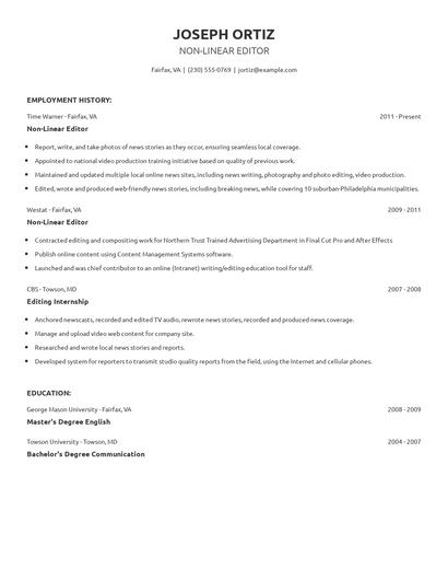 Non-Linear Editor Resume