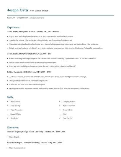Non-Linear Editor Resume