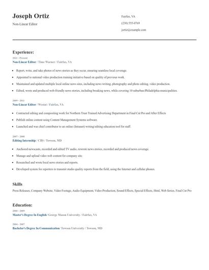 Non-Linear Editor Resume