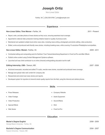 Non-Linear Editor Resume