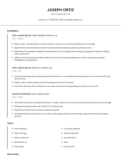 Non-Linear Editor Resume