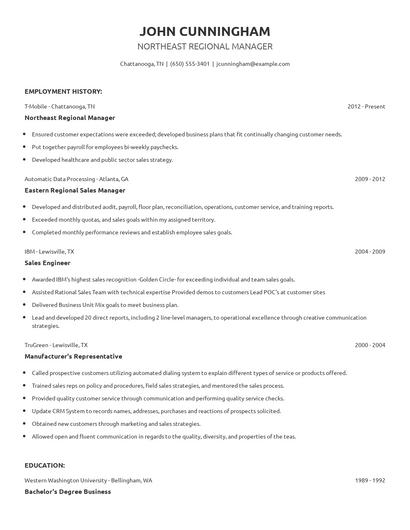Northeast Regional Manager Resume