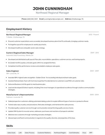 Northeast Regional Manager Resume