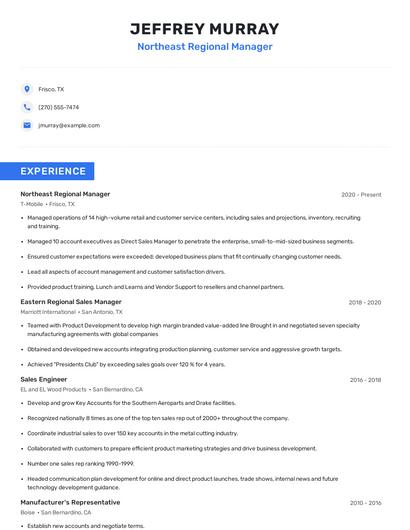 Northeast Regional Manager Resume