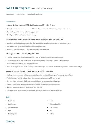 Northeast Regional Manager Resume