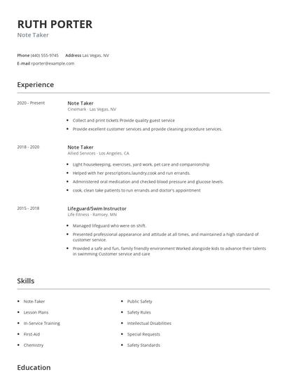 Note Taker Resume